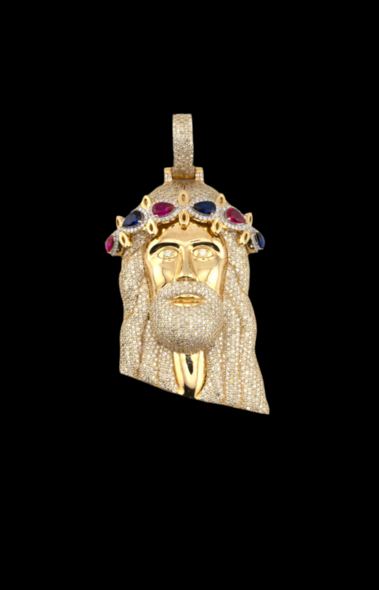 10K Gold Ruby and Sapphire Jesus Crown 7.65 CT Vs1 Diamonds