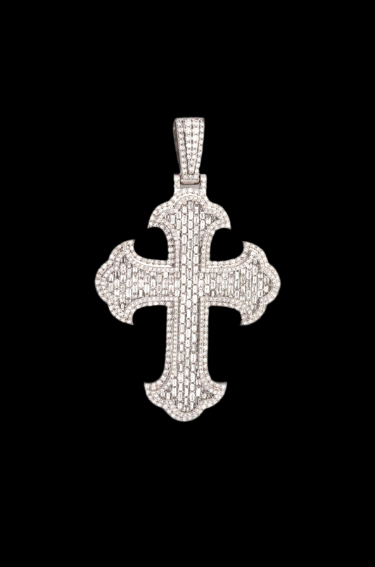 10K Solid White Gold Baguette & Round Cross with 5.44CT VS1 Natural Diamonds