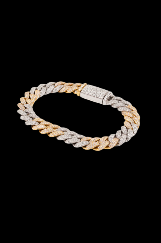10K Yellow White Gold 2 Tone 3 Row 11mm Honeycomb 7.76Ct Natural Diamond Cuban Bracelet.